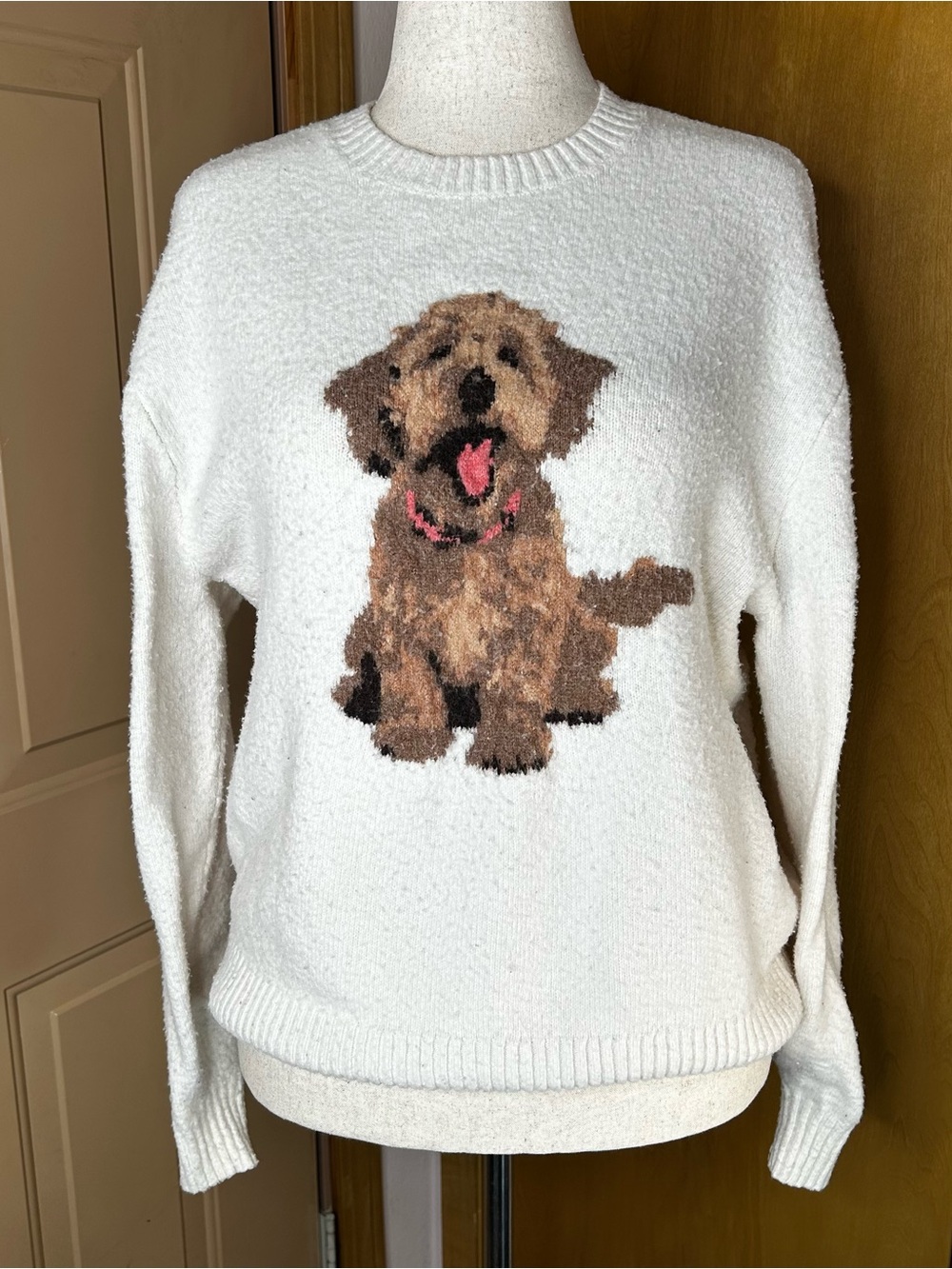 Hollister Cream Knit Sweater with Brown Puppy Motif